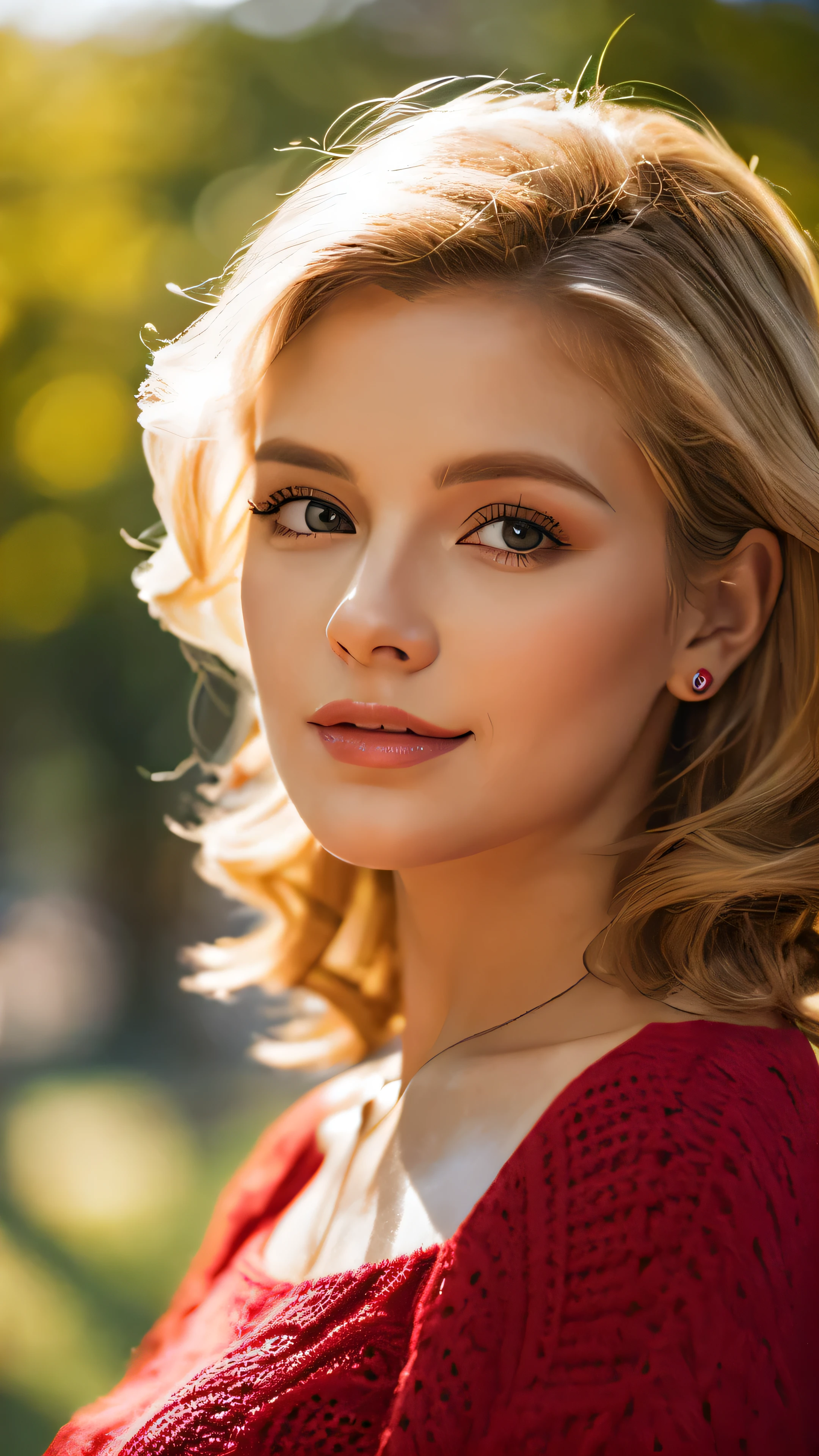 (masterpiece:1.2), (highest quality:1.2), perfect eyes, perfect face, perfect lighting, 1 girl, Mature woman in the field, medium blonde hair, curly hair,　red fine clothes, Detailed outdoor background, compensate, eye shadow, thick eyelashes, fantasy, looking at the viewer, spring 