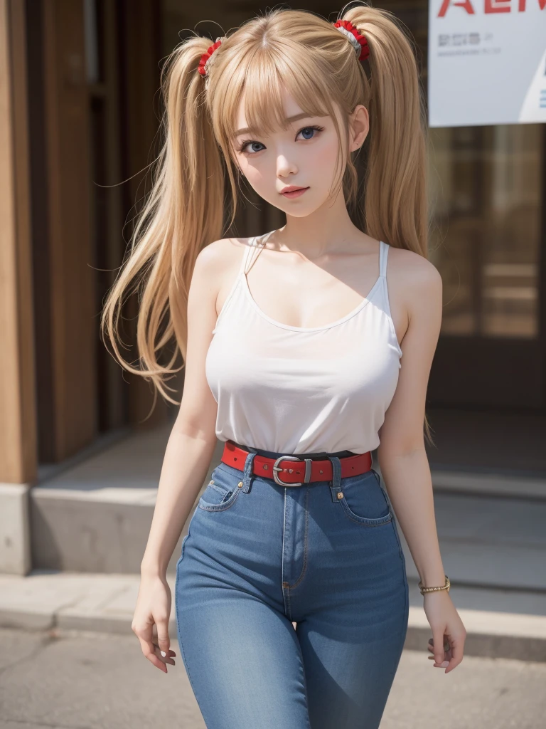 (8K、Raw photography、top-quality、​masterpiece:1.2)、(realisitic、Photorealsitic:1.37)、ultra-detailliert、超A high resolution、1girl, 25yo, akizuki airi, blueskye eyes, blonde_hair, twintails, very_long_hair, she is wearing it in her hair_ornament red, hair_scrunchie red, medium_breasts, akizuki airi, blueskye eyes,blonde_hair, twintails, very_long_hair, she is wearing it in her hair_ornament red, hair_scrunchie red, medium_breasts, She is wearing a tank top, short denim jeans with a red belt, long thigh-high stockings,, ranking: explicit,