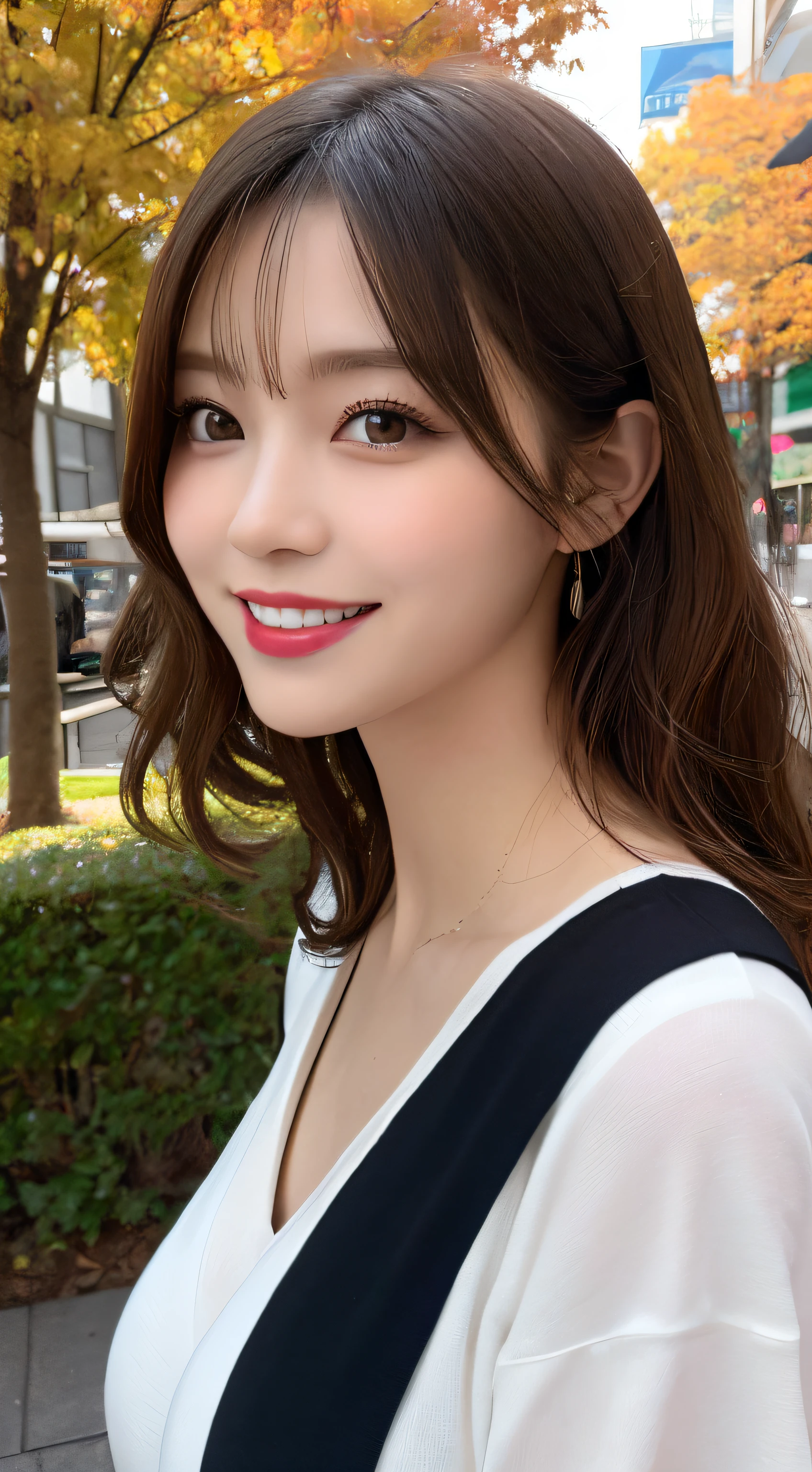 masutepiece, Best Quality, Illustration, Ultra-detailed, finely detail, hight resolution, 8K Wallpaper, Perfect dynamic composition, Beautiful detailed eyes, Autumn Women's Fashion,waved hair,Colossal tits、Natural Color Lip, Bold sexy poses,Smile,Harajuku、20 years girl、Cute、Sexy shot looking at camera、up of face