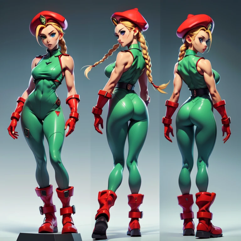 ((chara-sheet)), ((character sheet)), ((front view pose)),((side view pose)), ((back view pose)), turnaround, concept, poses, masterpiece, best quality, highres, 1girl, cammy white, twin braids, long hair, blonde hair, antenna hair, beret, (red headwear:1.3), blue eyes, scar on cheek, green leotard, large breasts, sleeveless, red gloves, fingerless gloves, ranger long boots, standing, arms at sides, straight-on, simple background