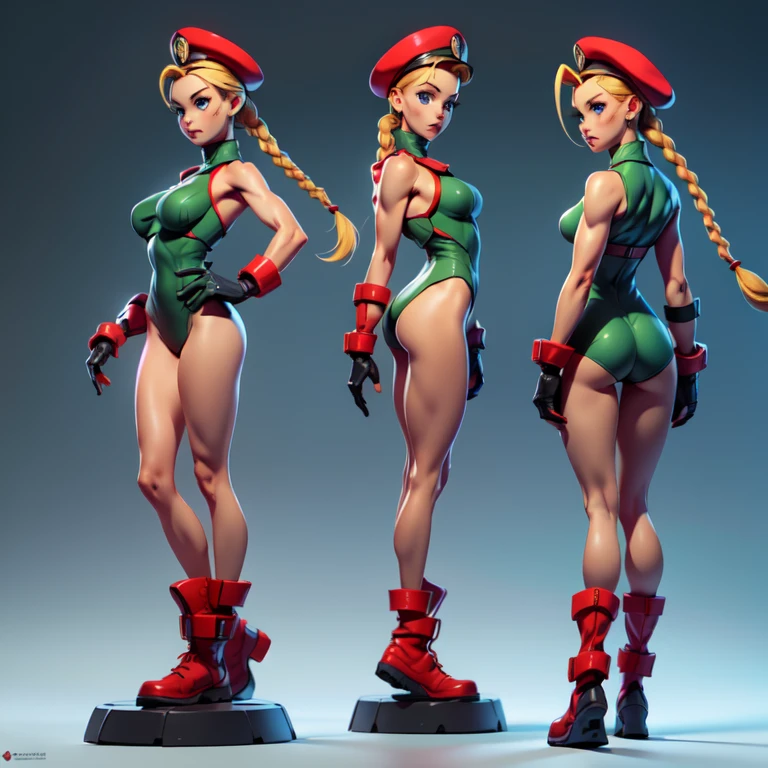 ((chara-sheet)), ((character sheet)), ((front view pose)),((side view pose)), ((back view pose)), turnaround, concept, poses, masterpiece, best quality, highres, 1girl, cammy white, twin braids, long hair, blonde hair, antenna hair, beret, (red headwear:1.3), blue eyes, scar on cheek, green leotard, large breasts, sleeveless, red gloves, fingerless gloves, ranger  long boots, standing, arms at sides, straight-on, simple background