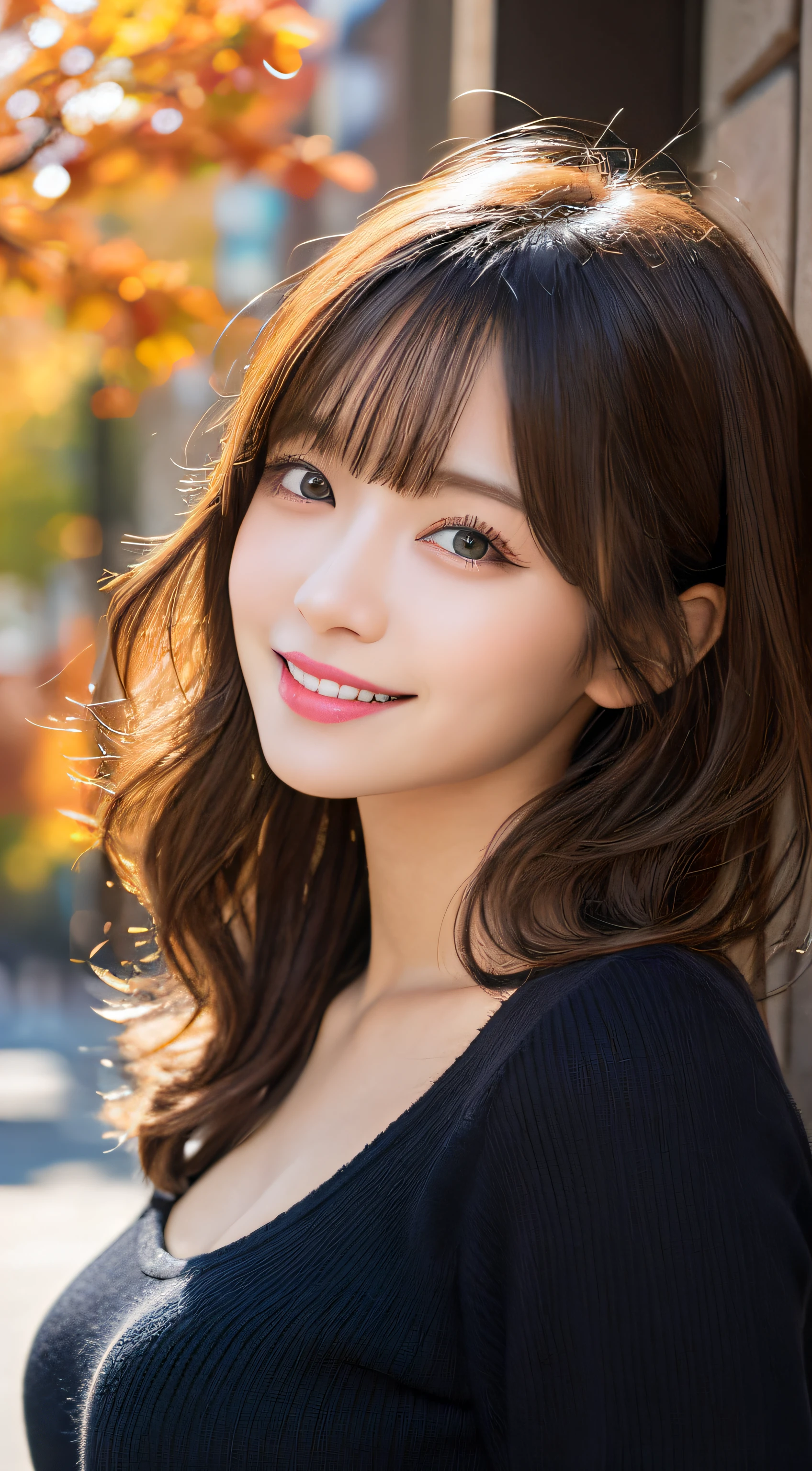 masutepiece, Best Quality, Illustration, Ultra-detailed, finely detail, hight resolution, 8K Wallpaper, Perfect dynamic composition, Beautiful detailed eyes, Autumn Women's Fashion,waved hair,huge tit、Natural Color Lip, Bold sexy poses,Smile,Harajuku、20 years girl、Cute、Sexy shot looking at camera、up of face