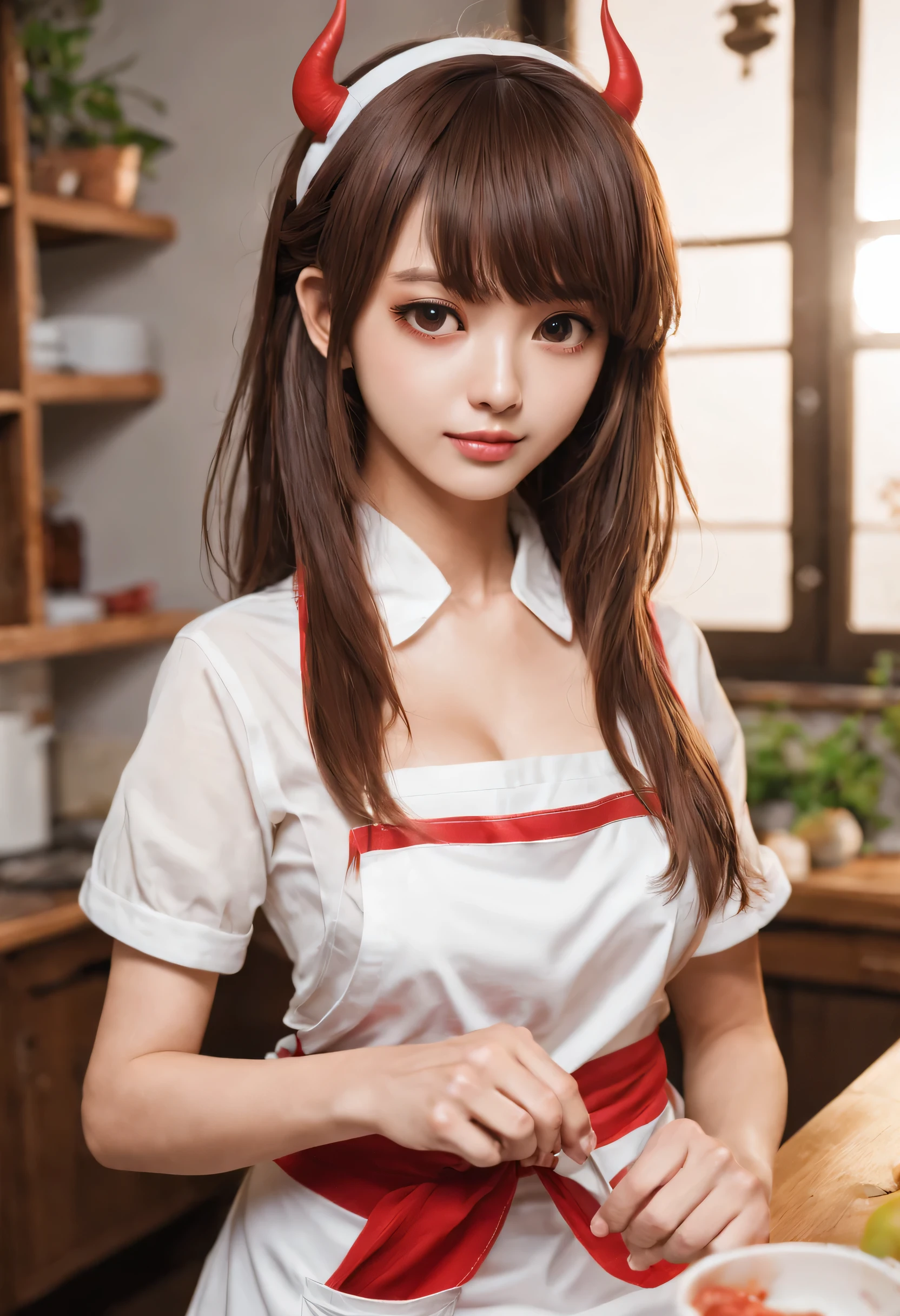 woman2people々:The same face:抱きあってこちらを見ているwoman性2people々:まったく別の服を着た2people々:一peopleはエプロンを着ています、もう一peopleはサキュバスの服を着ています.,美people々,small breasts,long hair:shiny,同一people々represents the duality of things,masterpiece,Draw in detail,Be polite,