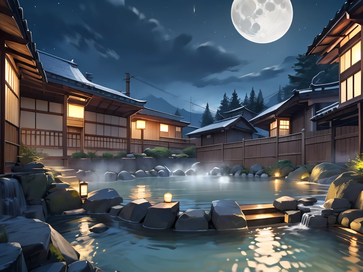 Large open-air ,There is a washing area..,hot onsen,Large public  at a hot spring ryokan,steam,There are 3 chairs for the public .,natta, night, moon,  Angle from the front