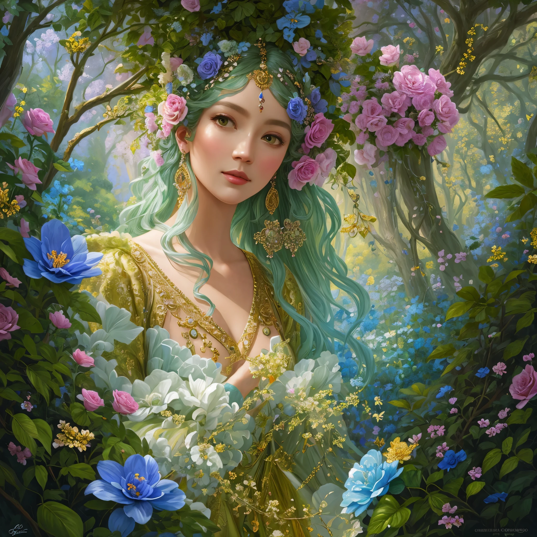 A painting of a woman with blue hair and flowers in her hair - SeaArt AI