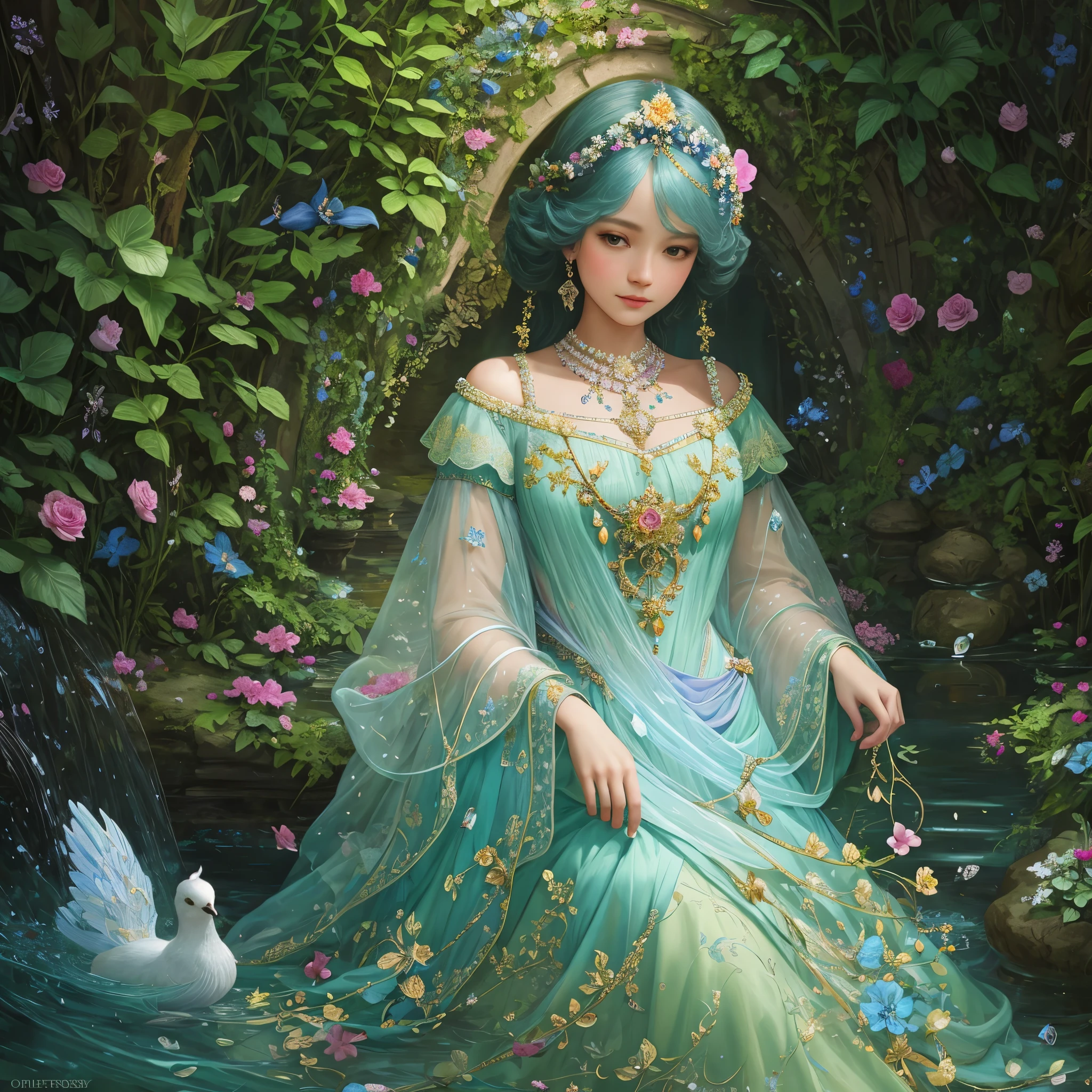 Flowers and leaves、precious stones,Rococo,Water channels,A modern and mysterious encounter, Bright colors, intricate details. very detailed, Complex motifs, organic tracery, perfect composition, digital painting, art station, concept art, Smooth,, figure, 8K, highest quality, award-winning, anatomically correct, High resolution,