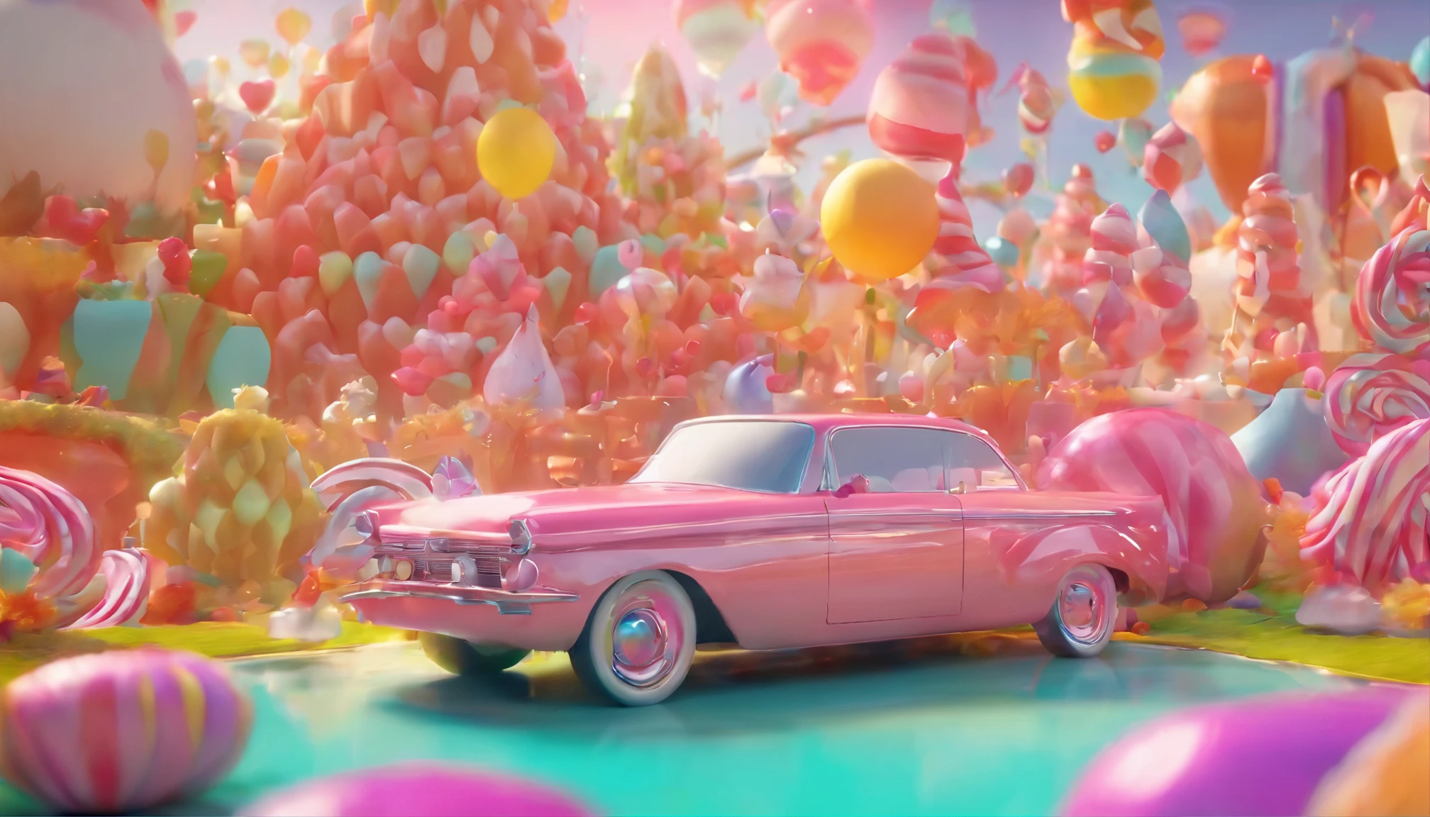 Beautiful fantasy sweet world background,car， Candy Wonderland. Generative artificial intelligence.，glow