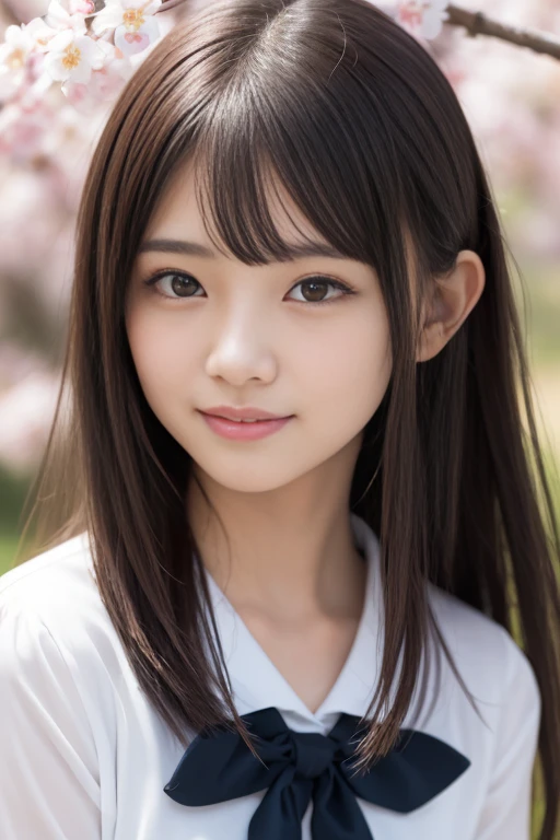 master piece，highest quality，official art，Highly detailed CG Unity 8K wallpaper，small mouth、Japanese、-yeld giLike a schoolgir delicate and beautiful，超High resolution，（Realistic：1.4），golden hour lighting，（whole body），（medium long hair：0.8），（big eyes：2.0）、young face、big eyes、thin eyebrows、white teeth、double eyelid、small face、small face、droopy eyes、light brown hair、baby face、straibangs、looking at the viewer，upward glance、looking at the camera、Facing Front，smile，JK skirt，smile、small bust，sailor suit、Close-up， master piece， best quality， RAW photography， Realistic，smile， Cherry blossom trees background、incredibly ridiculous resolution， Depth of bounds written， High resolution， super detailed， small details， very detailed， highly detailed eyes and face， sharp pupils， Realisticな生徒， fix a sharp focus， cinematic lighting