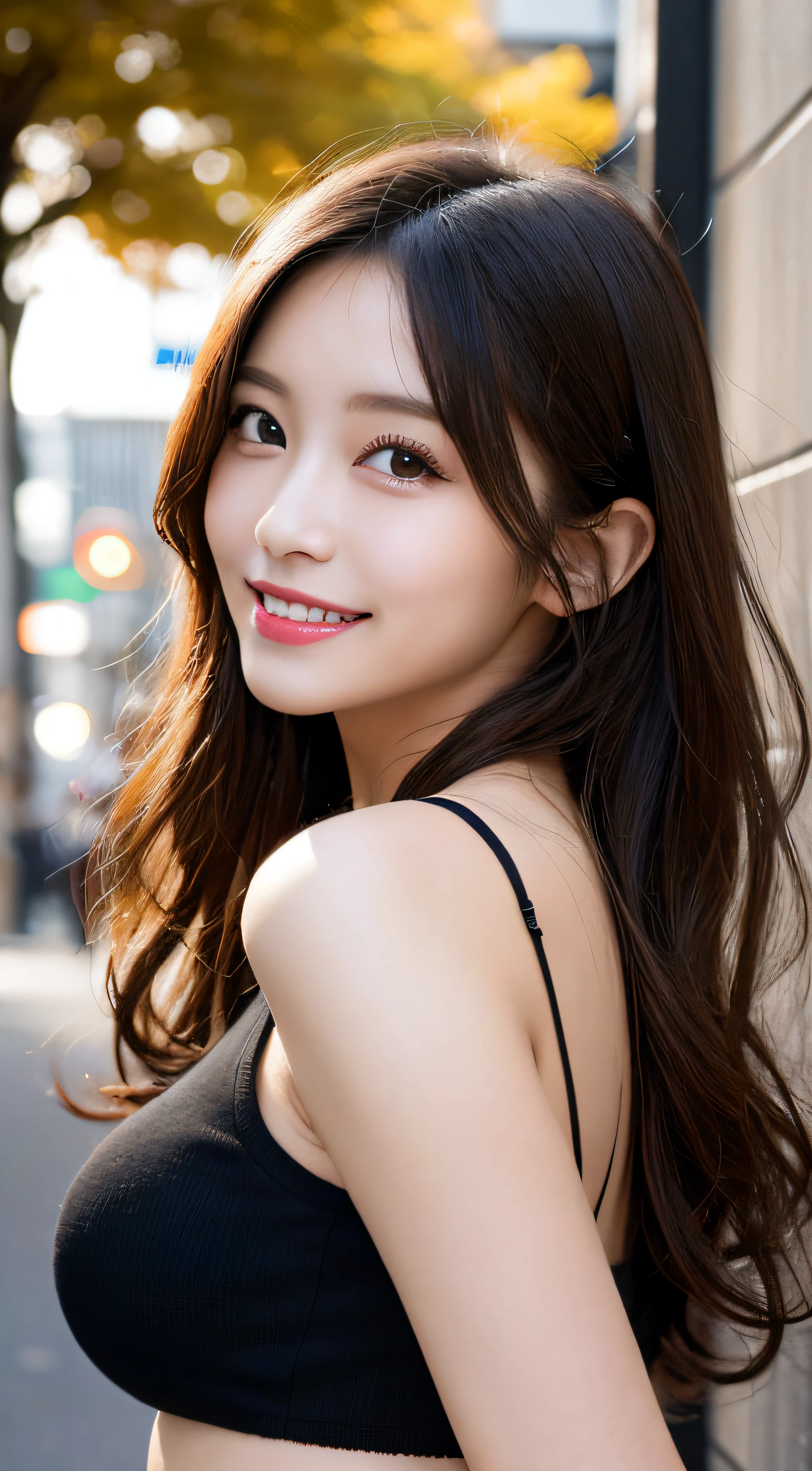 masutepiece, Best Quality, Illustration, Ultra-detailed, finely detail, hight resolution, 8K Wallpaper, Perfect dynamic composition, Beautiful detailed eyes, Autumn Women's Fashion,waved hair,huge tit、Natural Color Lip, Bold sexy poses,Smile,Harajuku、20 years girl、Cute、Sexy shot looking at camera、up of face