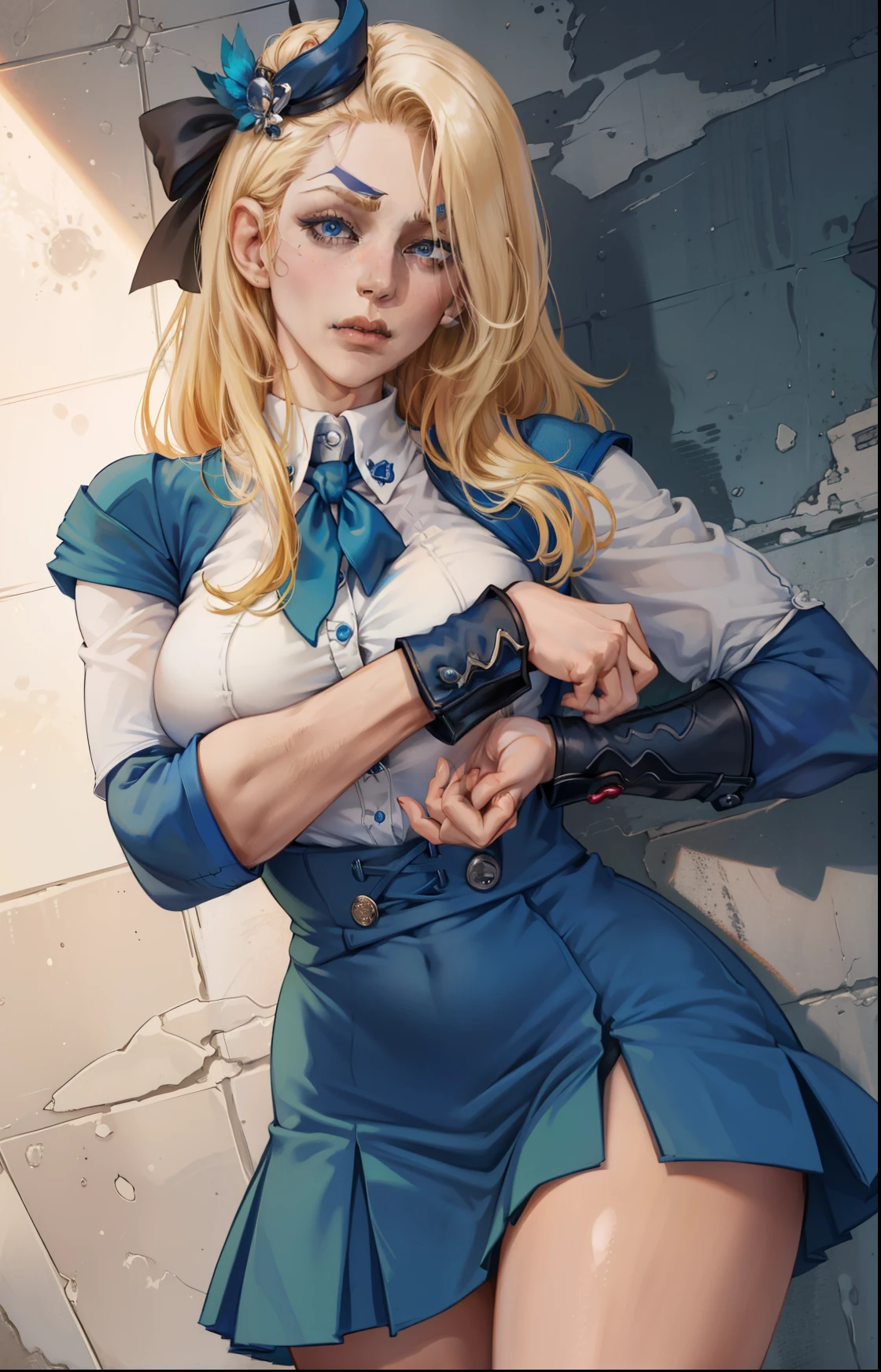 8k,masterpiece, bset quality,big, (1 girl), blue_eyes, blonde hair, long hair, professional lighting, (shiny skin: 1.2), shiny big, ((best quality)), sharp focus: 1.2, highly detailed face and skin texture, detailed eyes, perfect face, perfect body, blur art, cg, background, Big breasts, presence (20yo, mature cool and beautiful face), wearing ((blue skirt), white taut shirt, thigh), blush, (mittgal), random pose, top view, perfect eye, angry face