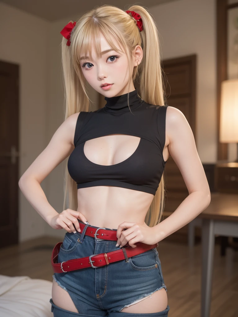 (8K、Raw photography、top-quality、​masterpiece:1.2)、(realisitic、Photorealsitic:1.37)、ultra-detailliert、超A high resolution、1girl, 25yo, akizuki airi, blueskye eyes, blonde_hair, twintails, very_long_hair, she is wearing it in her hair_ornament red, hair_scrunchie red, medium_breasts, akizuki airi, blueskye eyes,blonde_hair, twintails, very_long_hair, she is wearing it in her hair_ornament red, hair_scrunchie red, medium_breasts, She is wearing a white tank top, short jeans with a red belt, long thigh-high stockings, full body, ranking: explicit,
