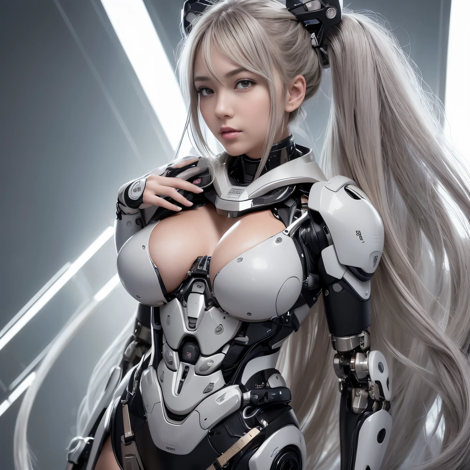 beautiful face,Facing Japan, 1 female, big, Curvaceous, (16k, RAW photo, highest quality, masterpiece: 1.2), (HDR, realistic, realistic: 1.37) (Tube attached to the body), (Bikini Cyborg Robot Parts)))), (light gray hair), long hair, wavy hair, twin tails, medium shot, ( enchanting smile)), (black eye), double eyelid, princess cut, from below, (whole body),take a pose,,In the laboratory,( Mechanical vertebrae attached to the back with tubes connected to blood vessels)),((Mechanical neck attached to the neck)),(Wires and cables mounted on the head and body),(character focus),,perfect woman image,完璧なanatomy, anatomy, whole bodyショット, Up to four fingers to one thumb relationship, spherical joint,