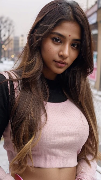 lovely cute young attractive indian girl, brown eyes, gorgeous actress, 23 years old, cute, an Instagram model, long blonde_hair, colorful hair, winter, Indian, wearing pink top and black pent