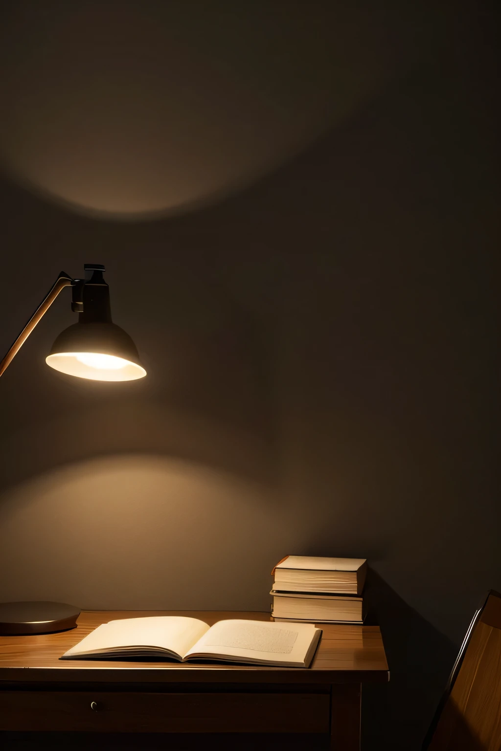 in the darkness,Facing the wall,There is a lamp and some books on the table,nothing superfluous