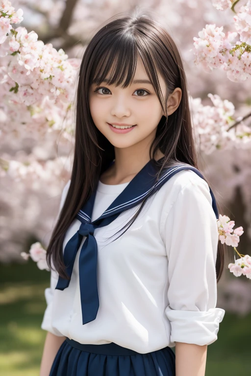 master piece,highest quality,official art,Highly detailed CG Unity 8K wallpaper,small mouth、Japanese、、Like a schoolgirl,very delicate and beautiful,超High resolution,(Realistic:1.4),golden hour lighting,(whole body),(medium long hair:0.8),(big eyes:2.0)、young face、big eyes、thin eyebrows、white teeth、double eyelid、small face、small face、droopy eyes、light brown hair、baby face、straight hair、bangs、looking at the viewer,upward glance、looking at the camera、Facing Front,smile,JK skirt,smile、small bust,sailor suit、Close-up, master piece, best quality, RAW photography, Realistic,smile, Cherry blossom trees background、incredibly ridiculous resolution, Depth of bounds written, High resolution, super detailed, small details, very detailed, highly detailed eyes and face, sharp pupils, Realisticな生徒, fix a sharp focus, cinematic lighting