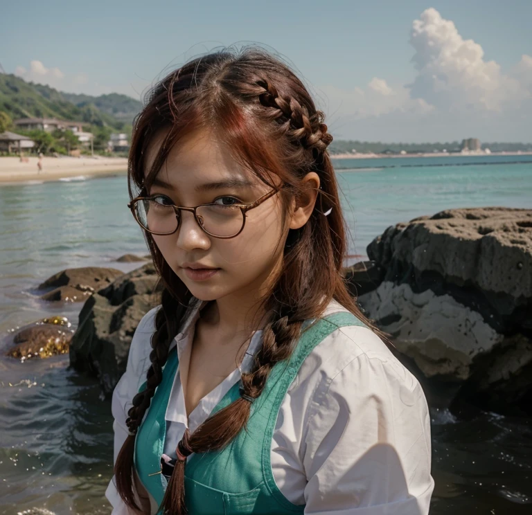 Korean Asian woman wearing glasses,beach, have glasses, Korean girl, แว่นตาthick, 18 years old., 22 years old, thick, 21 years old, beautiful Asian girl, Asian girl, เด็กสาวและcute, have glasses on, phenomenon, cute, big glass, สาวแมวcuteมาก...,School uniformญี่ปุ่น,braid,red hair,smooth,sea,beach,sand,น้ำsea,School uniform,smooth,