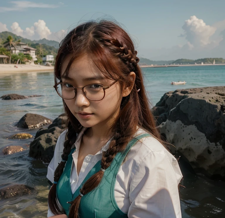 Korean Asian woman wearing glasses,beach, have glasses, Korean girl, แว่นตาthick, 18 years old., 22 years old, thick, 21 years old, beautiful Asian girl, Asian girl, เด็กสาวและcute, have glasses on, phenomenon, cute, big glass, สาวแมวcuteมาก...,School uniformญี่ปุ่น,braid,red hair,smooth,sea,beach,sand,น้ำsea,School uniform,smooth,
