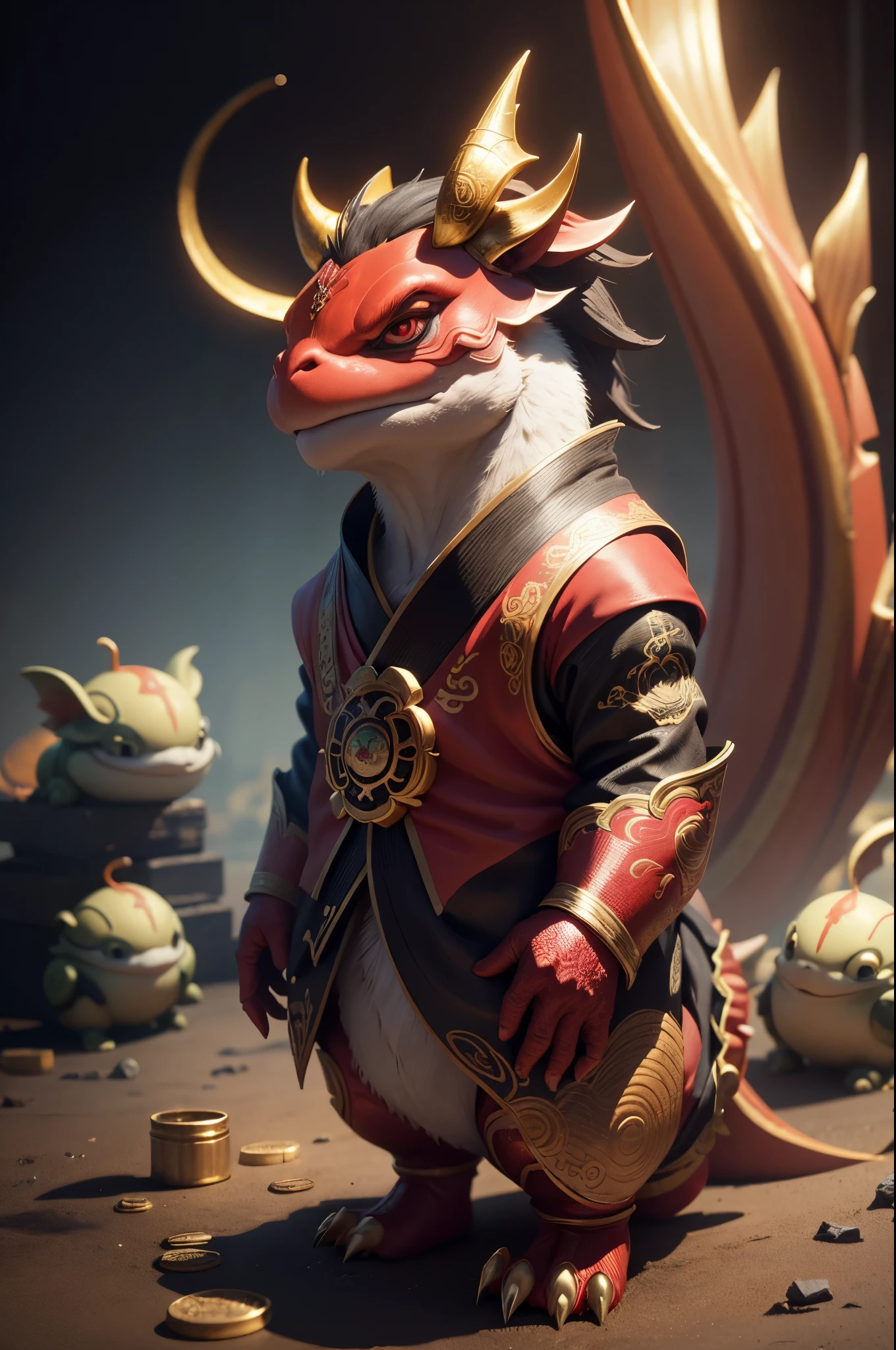 anthropomorphic turtle,Little cute and cute Chinese dragon,Wearing elegant red Hanfu,Take gold ingots,The ground is covered with gold coins,silkouette,fluffy mane,largeeyes,Red Wall,Chinese culture,zbrush,Dramatic lighting,full-body portraits,hentail realism,finedetail,photographrealistic,Film illumination,complexdetails,rendering by octane,unreal-engine,8K --ar 9:16 --testp --upbeta