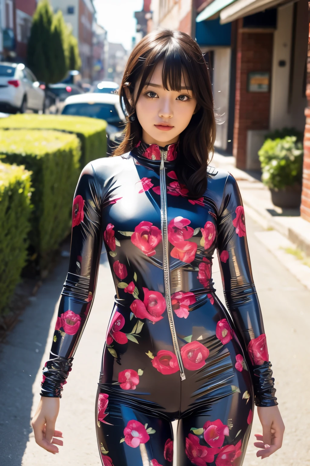 1 girl, wearing random patterns glossy printing suit