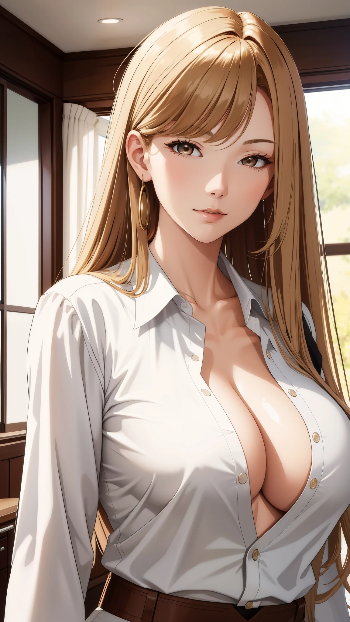 (best quality, highres), cool adult woman, elegant, long hair, swept-side bang, [[brown hair]], blonde hair, white shirt, cleavage, brown eyes, inside house, detailed facial features, confident pose, vibrant colors