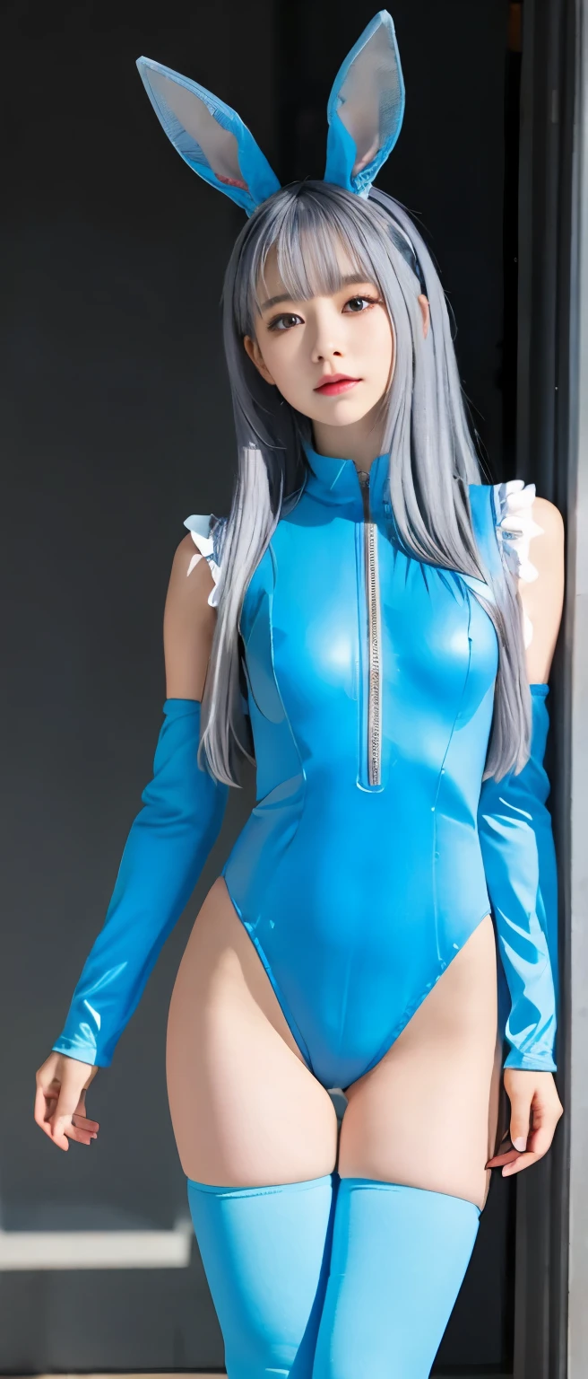 Cyber Bunny Girl、Full body Esbian、fluorescent blue bunny suit(leotard)、is emitting light、silver hair