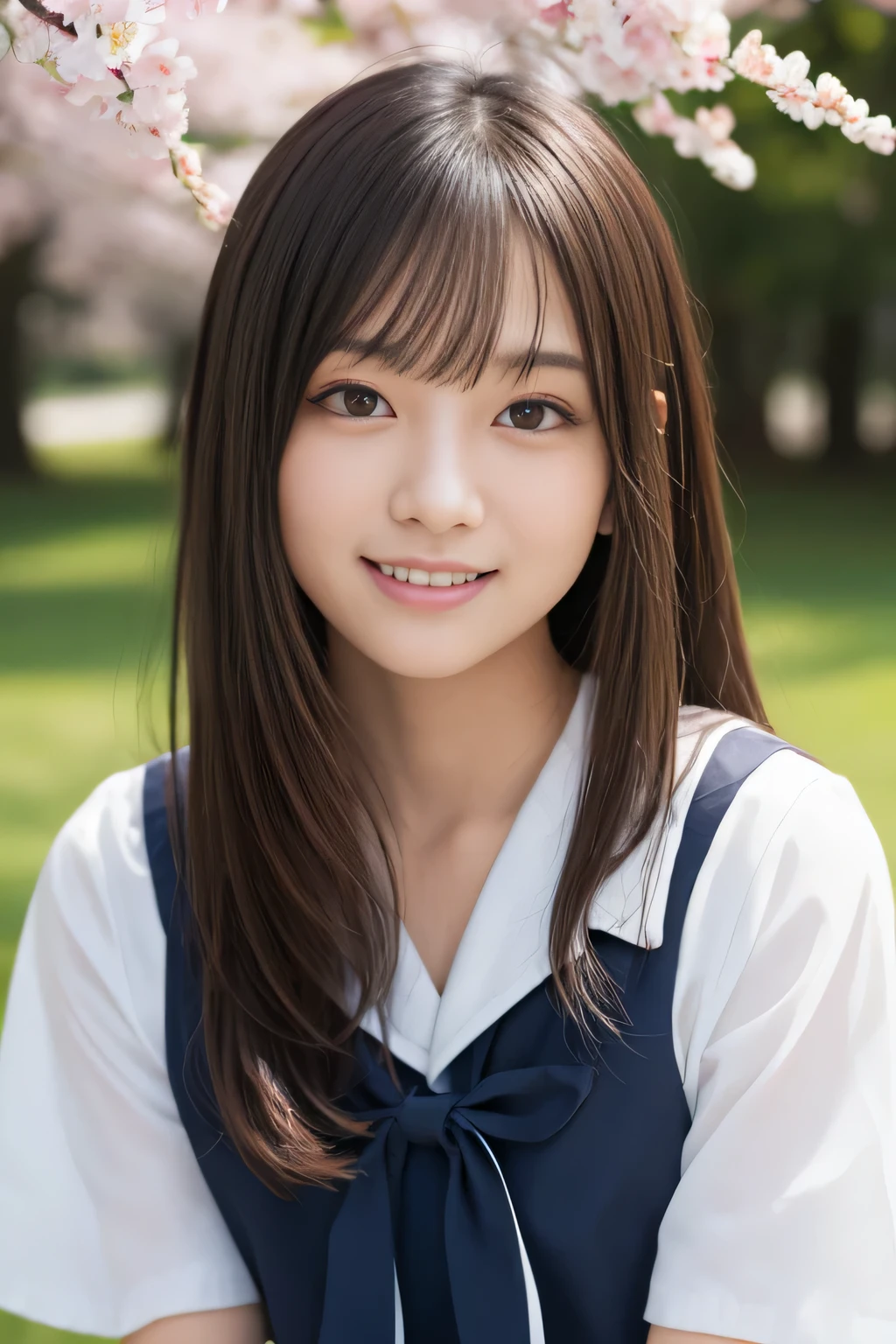 masterpiece,highest quality,official art,Highly detailed CG Unity 8K wallpaper,small mouth、Japanese、 girl、Like a schoolgirl,elicate and beautiful,超High resolution,(realistic:1.4),golden hour lighting,(whole body),(medium long hair:0.8),(Big eyes:2.0)、young face、Big eyes、thin eyebrows、white teeth、double eyelid、small face、small face、droopy eyes、light brown hair、baby face、straighngs、looking at the viewer,upper grade、look at the camera、facing the front,smile,JK skirt,smile、small bust,sailor suit、close, masterpiece, highest quality, Raw photo, realistic,smile, Sakura tree background、incredibly stupid solution, written boundary depth, High resolution, Super detailed, small details, very detailed, highly detailed eyes and face, sharp pupils, realisticな生徒, fix sharp focus, cinematic lighting