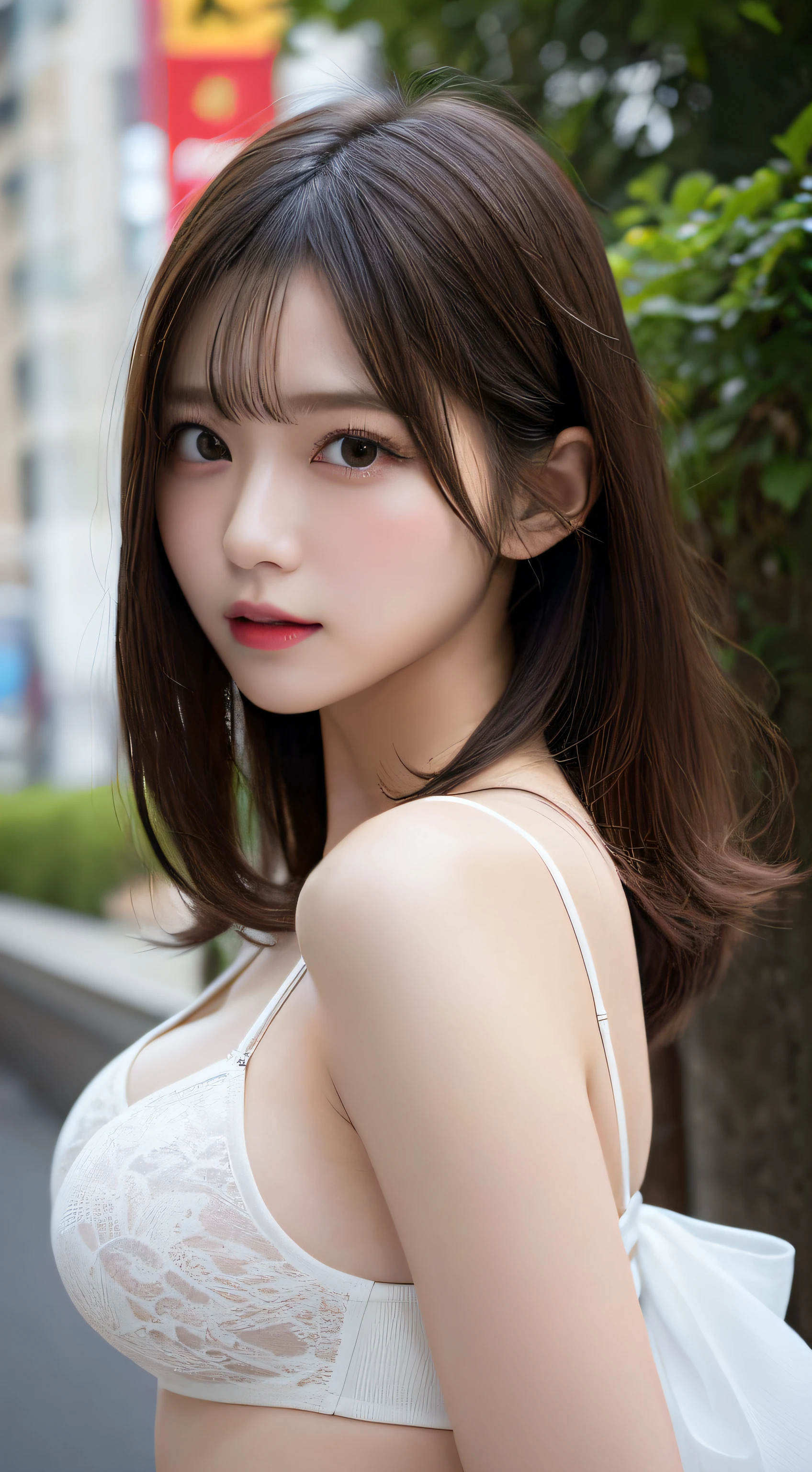 finely detail, hight resolution, hightquality、Perfect dynamic composition, Beautiful detailed eyes, Medium Hair,Natural Color Lip,Kamimei、Shibuya、20 years girl、1 persons、Transparent skin、Glowing hair、masutepiece, Best Quality, Illustration, Ultra-detailed, finely detail, hight resolution, 8K、The correct state of the human body、randome pose、Gravure Model Pose,Hair soaring in the wind、Underwear,length hair,Big Tits,gigantic cleavage breasts, Bold sexy poses,Colossal tits、up of face