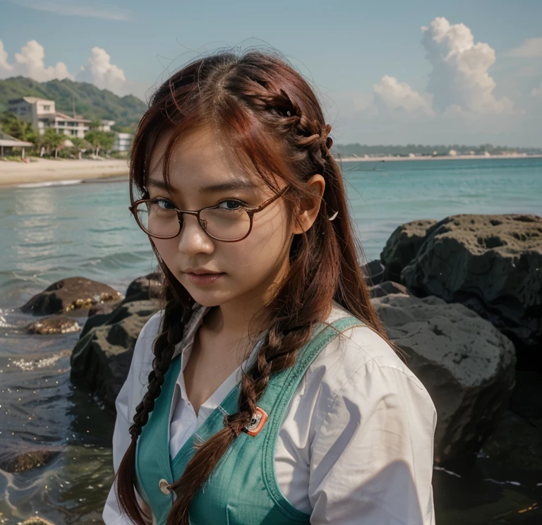 Korean Asian woman wearing glasses,beach, have glasses, Korean girl, แว่นตาthick, 18 years old., 22 years old, thick, 21 years old, beautiful Asian girl, Asian girl, เด็กสาวและcute, have glasses on, phenomenon, cute, big glass, สาวแมวcuteมาก...,School uniformญี่ปุ่น,braid,red hair,smooth,sea,beach,sand,น้ำsea,School uniform,smooth,red hair