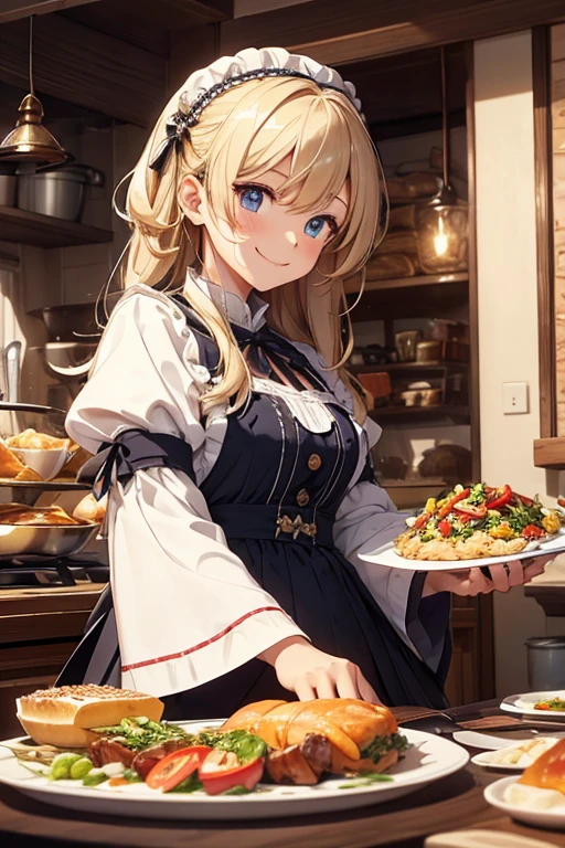 Masterpiece、background with（（meadow、mountain））、beautiful woman、Detailed embroidery on the dress、skirt by、Cooking, Multiple diets,What to eat ((Sweet border,dish)),A full meal,You can see the food more clearly.,Character face (cheerful,Smiling, opening his mouth.),Camera Angle(High Angle),The character is(frying food),The characters have(in the eyes sparkling),perspective (High Angle),There&#39;s a lot more food than this.