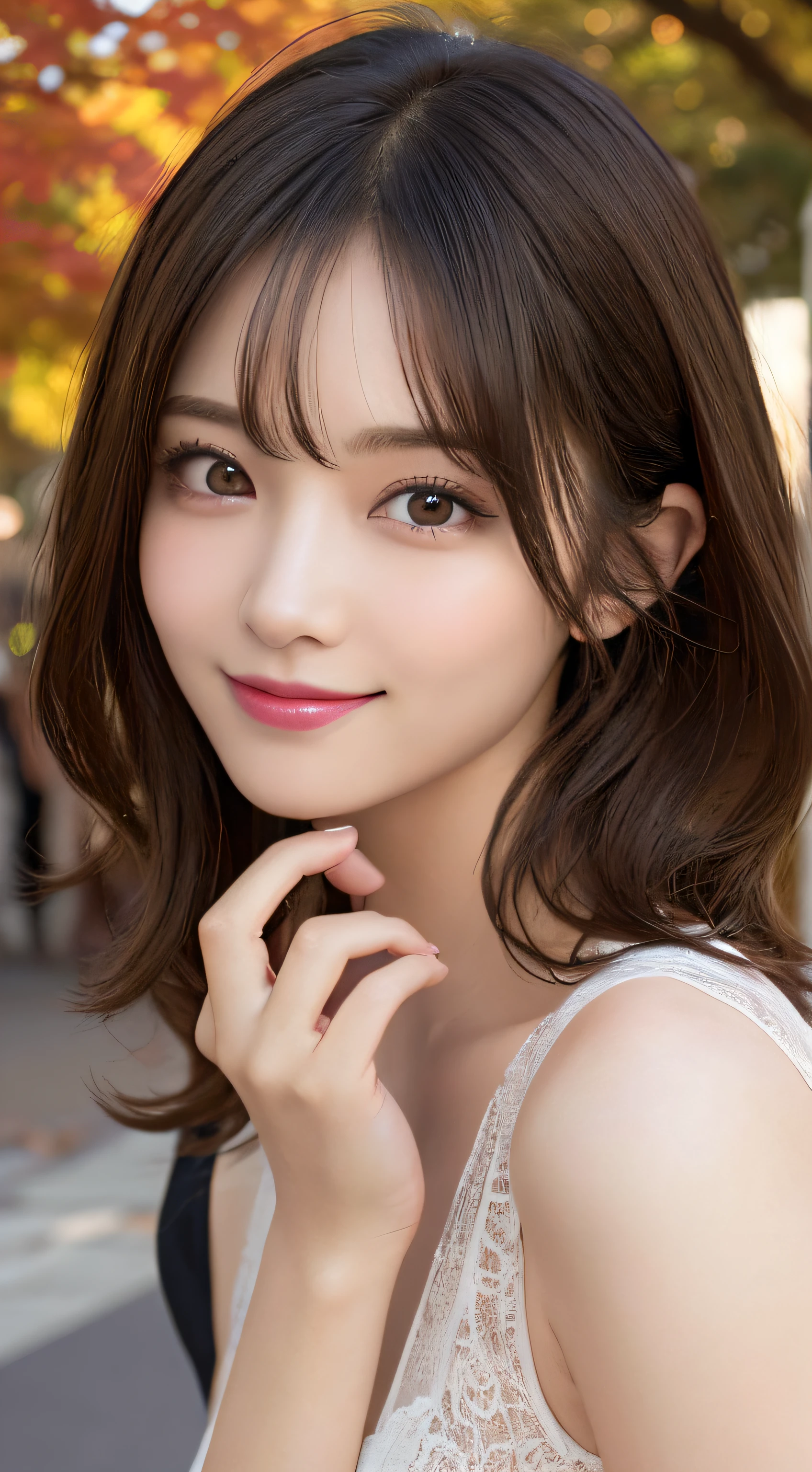 masutepiece, Best Quality, Illustration, Ultra-detailed, finely detail, hight resolution, 8K Wallpaper, Perfect dynamic composition, Beautiful detailed eyes, Autumn Women's Fashion,waved hair,Colossal tits、Natural Color Lip, Bold sexy poses,Smile,Harajuku、20 years girl、Cute、Sexy shot looking at camera、up of face