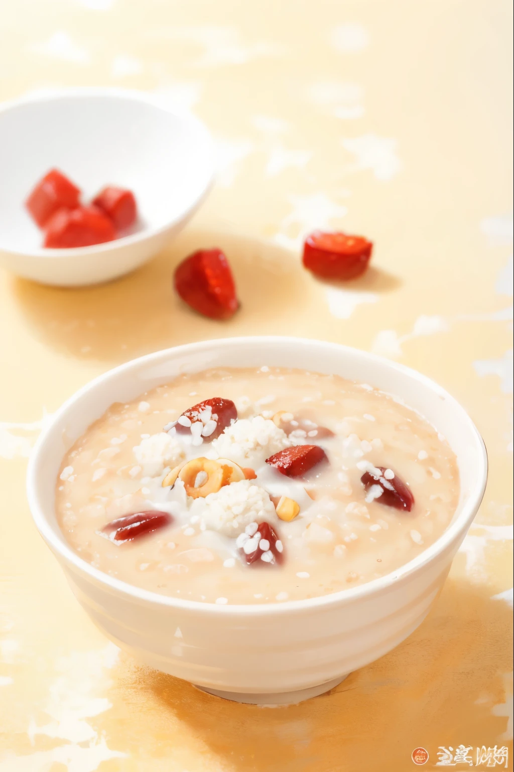 桌上放着一碗Red date rice porridge,Red date rice porridge,Red date rice porridge,