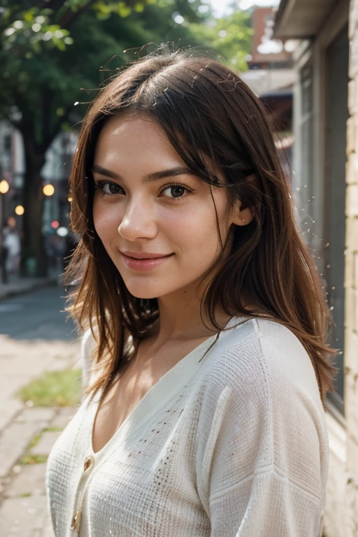 Generate a high-resolution, realistic portrait of a young woman with natural outdoor lighting, showcasing a confident and joyful expression. Capture the subject in a casual and fashionable urban street style, highlighting fine details in skin texture and vibrant, youthful features."
"Create an ultra-realistic image of a woman in a relaxed, carefree outdoor setting during daylight hours. Emphasize the natural beauty of the scene with soft lighting, capturing a candid moment of the subject's everyday life. Ensure the portrait reflects a harmonious color palette and a stylish, yet casual appearance