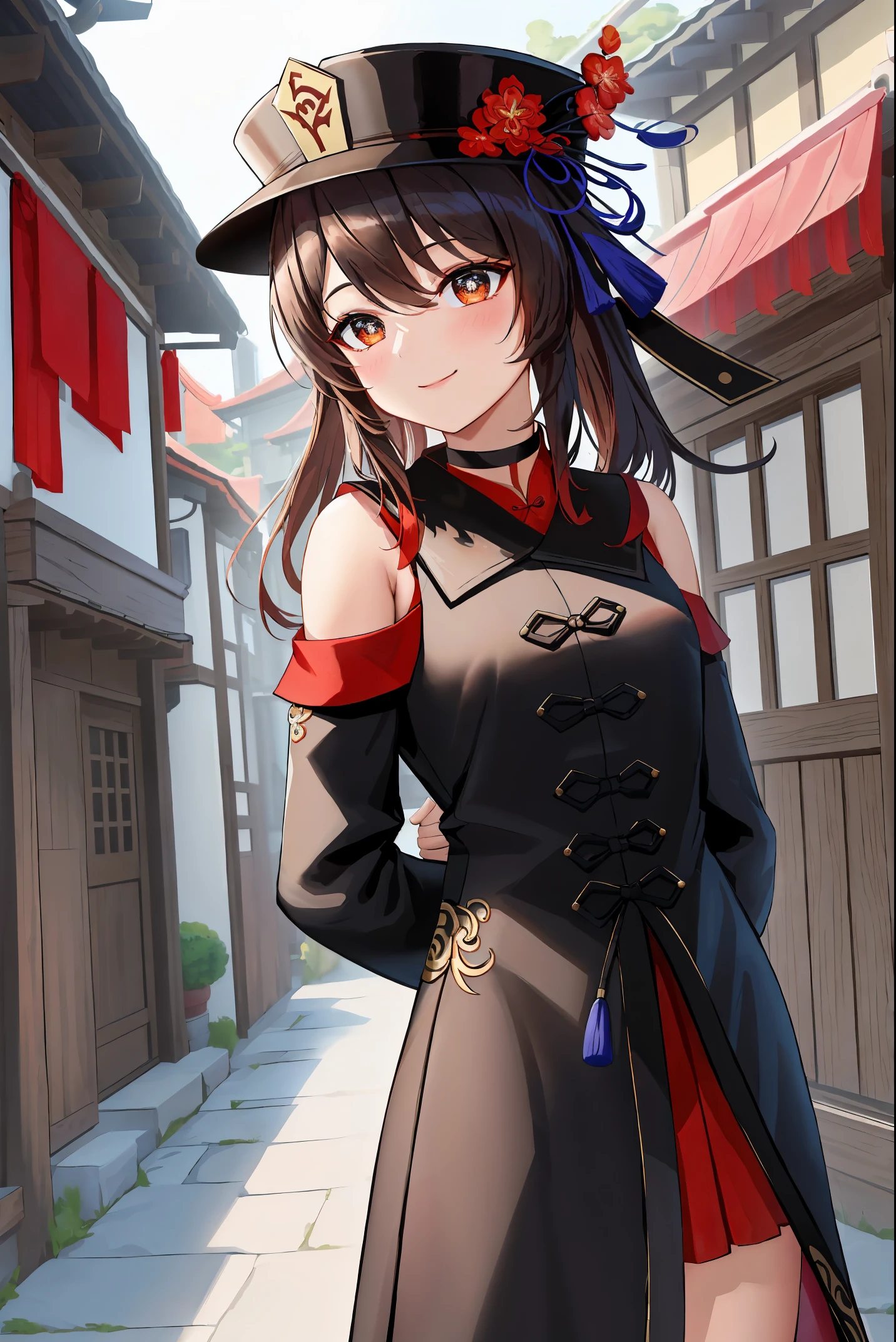 masterpiece, best quality, extremely detailed, hu tao \(genshin impact\), standing, backround is a traditional chinese street, cowboy shot, flower-shaped_pupils, black_choker, (arms behind back:1.2), (smile:0,8), black coat, hat 