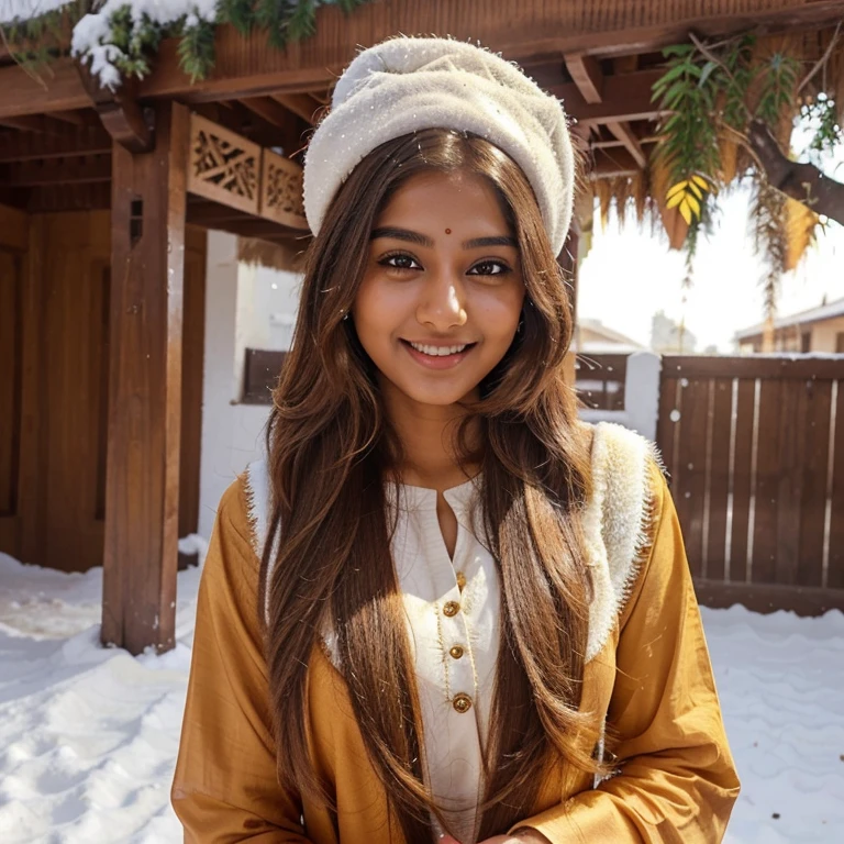 lovely cute young attractive indian girl, brown eyes, gorgeous actress, 23 years old, cute, an Instagram model, long blonde_hair, colorful hair, winter, Indian, wearing salwar-kameez and dupatta smile face