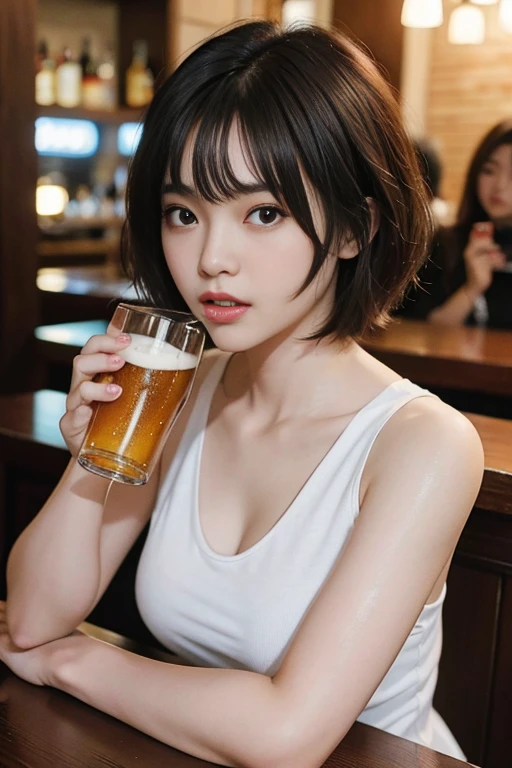 short-cut hair,Beautiful,K-pop idol,japanese idol,Japanese actress,high resolution,Beautiful skin,8k,RAW photo,best quality,masterpiece,realistic,photo-realistic,clear,professional lighting,best quality,ultra high res,drinking beer,dating at a bar