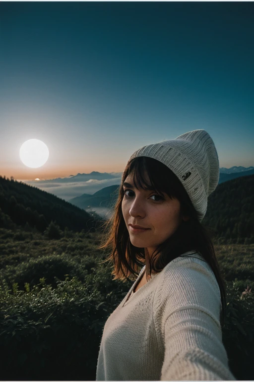 Photographier, Photo de Beautiful Woman, selfie, Haut du corps, Seulement, porter un pull, en plein air, (nuit), montagnes, la vraie nature, étoiles, lune, joyeux, heureux, gants, pull-over, bonnet, forêt, Rochers, Rivière, bois, fumée, brouillard, Regarder la visionneuse, Texture de la peau, grain photo, fermer, Photo brute