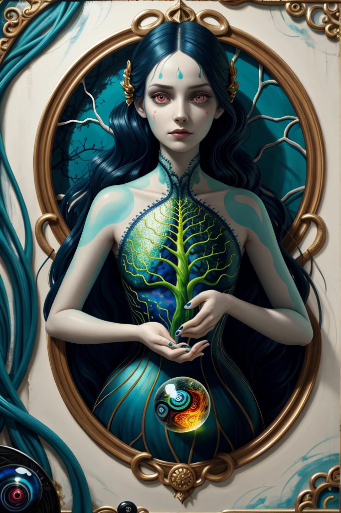 colorpop style, pointy hair, blue skin, natalie shau, mark ryden, alberto seveso, brooke shaden, anna dittmann, flora borsi, yin yang fern, beautiful full body photo with oil painting, with thick brushstrokes and wet paint, fibonacci, golden ratio, melted wax, visible brushstrokes, surrounded by crystal ball, 3D Mosaic wireframe, neural graphics, neurons, tree of life, color, love, passion, oil on canvas, thick brush strokes, crazy details, 8k uhd, masterpiece, art station, surrealism