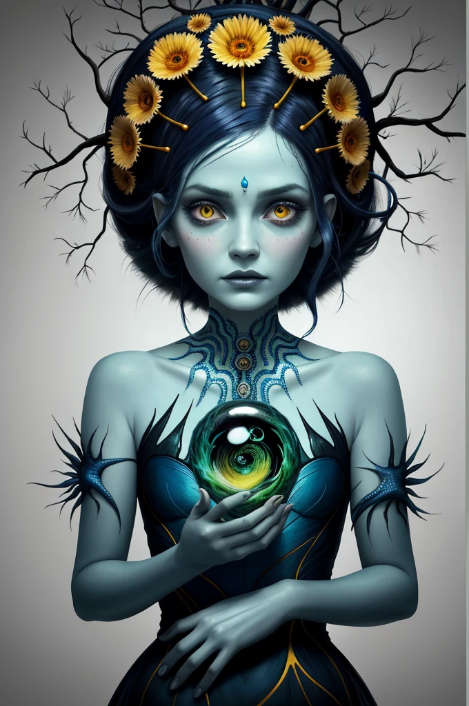 colorpop style, pointy hair, blue skin, natalie shau, mark ryden, alberto seveso, brooke shaden, anna dittmann, flora borsi, yin yang anthill, ant, lily, insect, fern, beautiful full body photo with oil painting, with thick brushstrokes and wet paint, fibonacci, golden ratio, melted wax, visible brushstrokes, surrounded by crystal ball, 3D Mosaic wireframe, neural graphics, neurons, tree of life, color, love, passion, oil on canvas, thick brush strokes, crazy details, 8k uhd, masterpiece, art station, surrealism