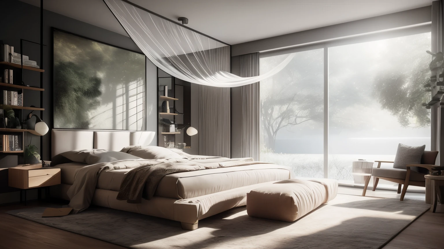 ((best quality)), ((masterpiece)), (detailed), perfect face, hyper ultra realistic photographs full body of A dreamlike bedroom emerges from a fog, the blurred shapes of a canopy bed, flowing curtains, and floating bookshelves suggesting a tranquil haven for the subconscious mind. The viewer is left wondering if they've stumbled into someone else's dreamscape. ratio 16:9, 4k, 8k resolution, High quality photo, high detailed, imagesharp focus, Cinematic lighting,hyperdetailed & Unreal engine, detail, realism, photography,cinematography, camera NIKON, lens NIKKOR flagship, masterpiece. hyper-maximalism, ultradetailed photorealistic, light skin imperfections, final render, vray