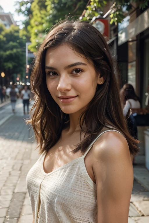 Generate a high-resolution, realistic portrait of a young woman with natural outdoor lighting, showcasing a confident and joyful expression. Capture the subject in a casual and fashionable urban street style, highlighting fine details in skin texture and vibrant, youthful features."
"Create an ultra-realistic image of a woman in a relaxed, carefree outdoor setting during daylight hours. Emphasize the natural beauty of the scene with soft lighting, capturing a candid moment of the subject's everyday life. Ensure the portrait reflects a harmonious color palette and a stylish, yet casual appearance
