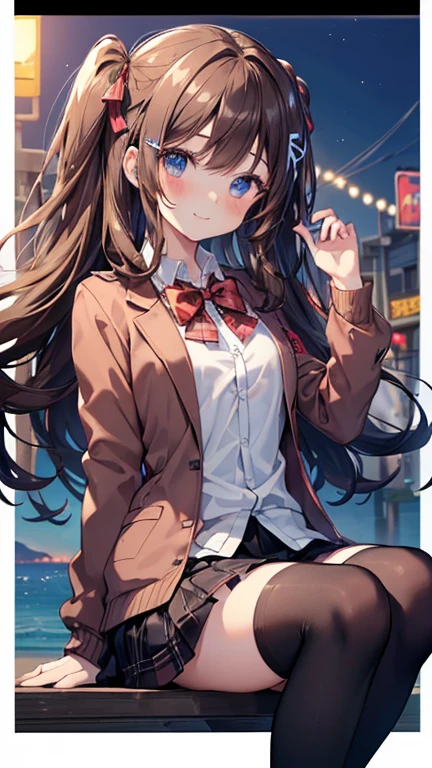 ((masterpiece, best quality, high resolution, ultra high definition, pixel perfect, written border depth, 4K, RTX, human development report))), 1 girl, single, alone, beautiful anime girl, beautiful art style, anime characters, ((long hair, Bangs, dark brown hair, curls:0.4, Simple hairpins)), ((blue eyes:1.4, round eyes, beautiful eyelashes, actual eyes)), ((Detailed face, blush:1.2)), ((smooth texture:0.75, actual texture:0.65, actual:1.1, Anime CG style)), medium breasts, ((dynamic angle, Throw, closure)), Perfect body, ((red bow tie, Uniforms, black jacket, open jacket, Brown cardigan, White shirt, black skirt, Plaid skirt, black stockings)), Smile, amusement park, Put your hands behind your back, lean forward, sunset seaside