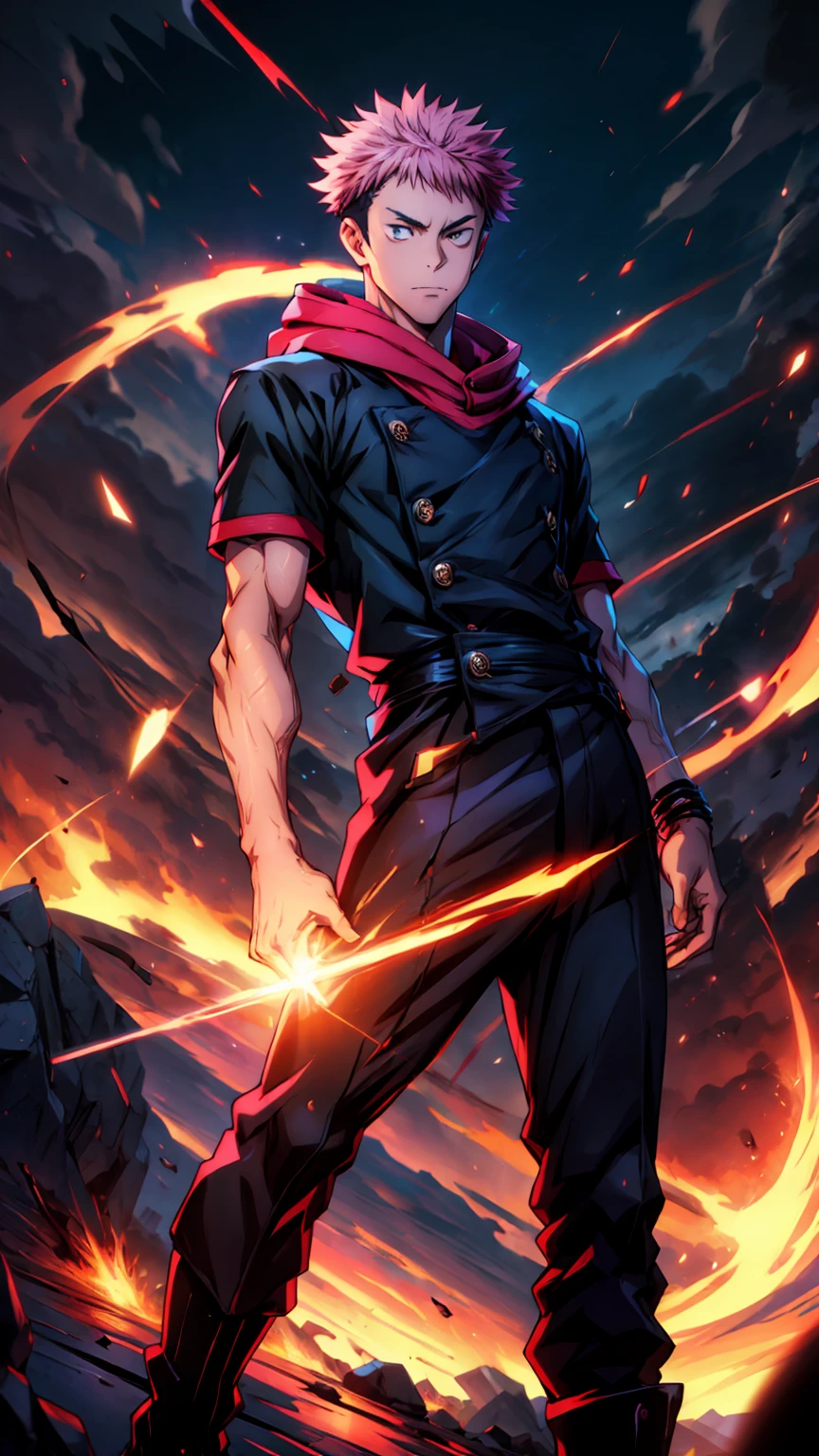 1boy, full body shot, 173 cm, itadori yuuji, black outfit, pink hair, battle pose, red and dark moon city night background, wallpaper, cinematic,High resolution 8K, Bright light illumination, lens flare, sharpness, masterpiece, top-quality, The ultra -The high-definition, high resolution, extremely details CG, Anime style, Film Portrait Photography,masterpiece,hyperdetail