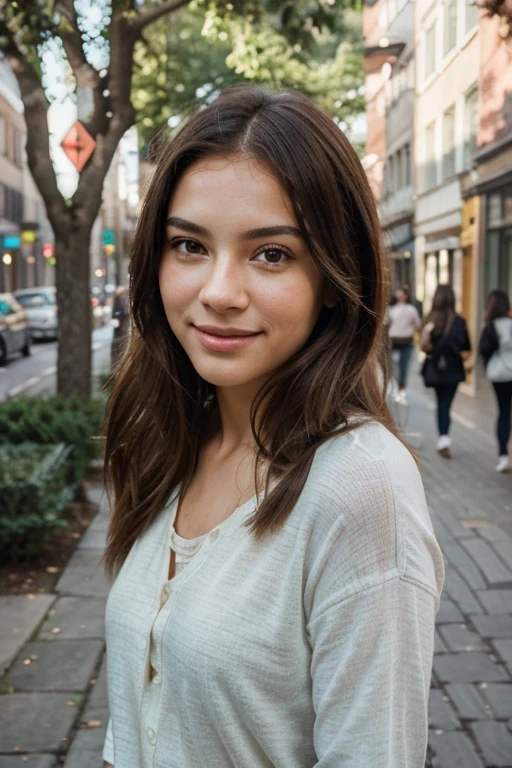 Generate a high-resolution, realistic portrait of a young woman with natural outdoor lighting, showcasing a confident and joyful expression. Capture the subject in a casual and fashionable urban street style, highlighting fine details in skin texture and vibrant, youthful features."
"Create an ultra-realistic image of a woman in a relaxed, carefree outdoor setting during daylight hours. Emphasize the natural beauty of the scene with soft lighting, capturing a candid moment of the subject's everyday life. Ensure the portrait reflects a harmonious color palette and a stylish, yet casual appearance