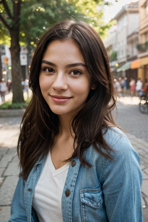 Generate a high-resolution, realistic portrait of a young woman with natural outdoor lighting, showcasing a confident and joyful expression. Capture the subject in a casual and fashionable urban street style, highlighting fine details in skin texture and vibrant, youthful features."
"Create an ultra-realistic image of a woman in a relaxed, carefree outdoor setting during daylight hours. Emphasize the natural beauty of the scene with soft lighting, capturing a candid moment of the subject's everyday life. Ensure the portrait reflects a harmonious color palette and a stylish, yet casual appearance