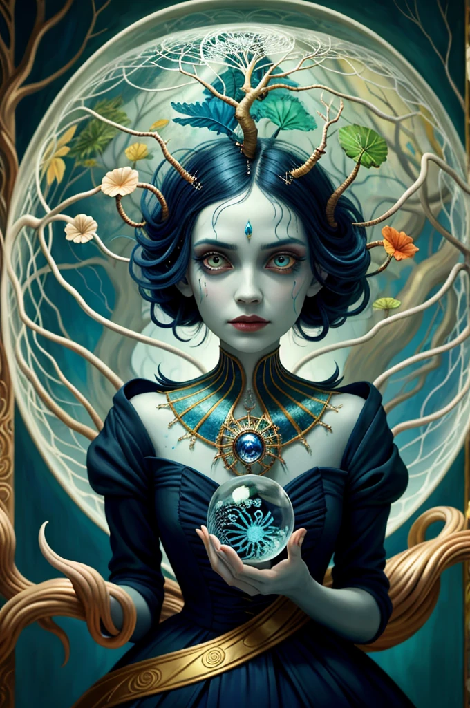 colorpop style, pointy hair, blue skin, natalie shau, mark ryden, alberto seveso, brooke shaden, anna dittmann, flora borsi, yin yang fern, beautiful full body photo with oil painting, with thick brushstrokes and wet paint, fibonacci, golden ratio, melted wax, visible brushstrokes, surrounded by crystal ball, 3D Mosaic wireframe, neural graphics, neurons, tree of life, color, love, passion, oil on canvas, thick brush strokes, crazy details, 8k uhd, masterpiece, art station, surrealism