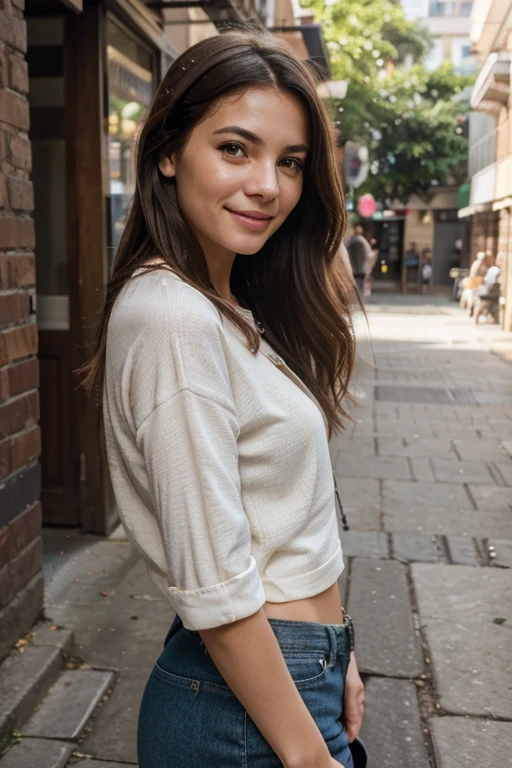 Generate a high-resolution, realistic portrait of a young woman with natural outdoor lighting, showcasing a confident and joyful expression. Capture the subject in a casual and fashionable urban street style, highlighting fine details in skin texture and vibrant, youthful features."
"Create an ultra-realistic image of a woman in a relaxed, carefree outdoor setting during daylight hours. Emphasize the natural beauty of the scene with soft lighting, capturing a candid moment of the subject's everyday life. Ensure the portrait reflects a harmonious color palette and a stylish, yet casual appearance