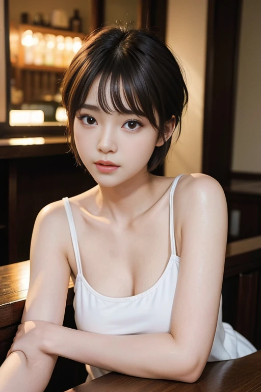 short cut hair,beautiful,K-POP idol,japanese idol,japanese actress,High resolution,beautiful skin,8K,RAW photo,highest quality,masterpiece,realistic,photo-realistic,clear,professional lighting,highest quality,超High resolution,Beer,date at the bar