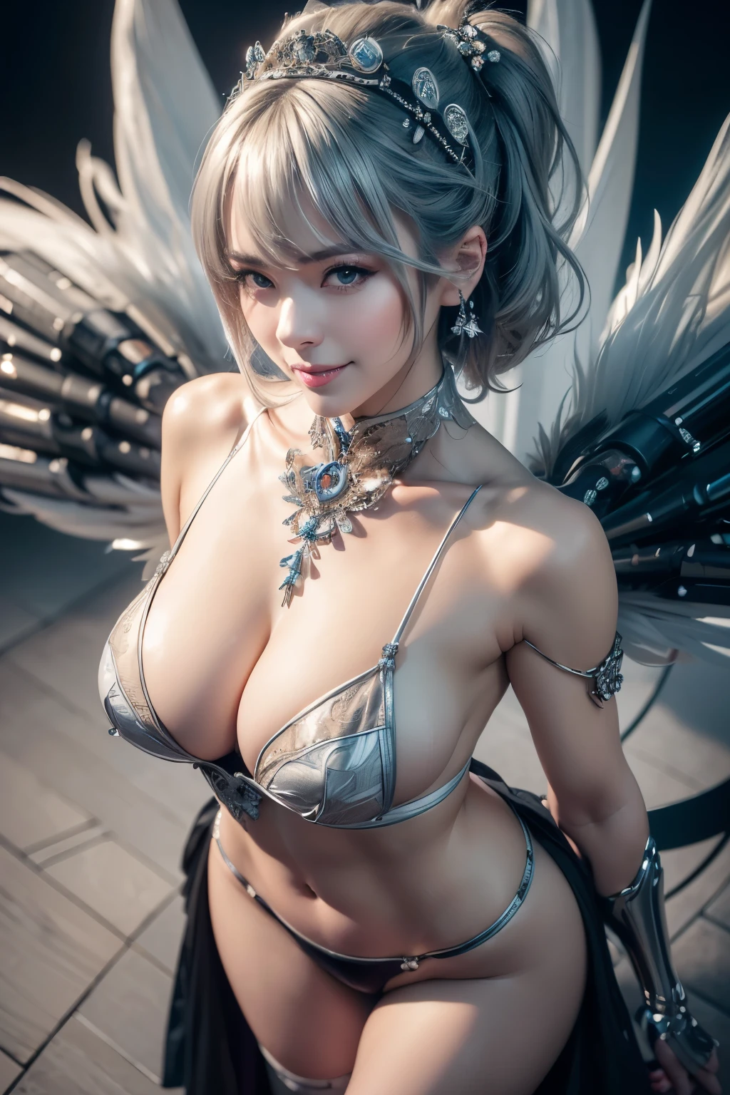 ((Beautiful full body shot of Reika, hyperrealistic, photorealistic, 8k, intricate detailasterpieceest quality, (Portrait:1.3), dynamic pose, standing, ultra-detailed, a hot geisha, hyper detailed, top quality resolution)), (fleshy lips, silky skin),
(Female maid robot, beautiful face, clean smooth skin, detailed eyes, super big breasts, (short straight hair: silver), wearing a sexy maid micro dress: black with blue trim), carrying a feather duster, mechanical hands, mechanical legs, mechanical neck, energy crystal attached in stomach, cables connect in the neck, standing straight, smiling sincerely)