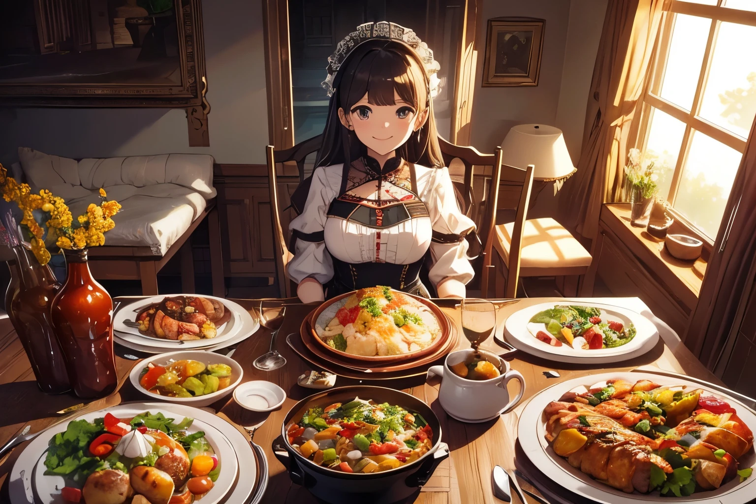 Masterpiece、background with（（dining room））、beautiful woman、Detailed embroidery on the dress、skirt by、Cooking, Multiple diets,What to eat ((Sweet border,dish)),A full meal,You can see the food more clearly.,Character face (cheerful,Smiling, opening his mouth.),Camera Angle(High Angle),The character is(frying food),The characters have(in the eyes sparkling),perspective (High Angle),There&#39;s a lot more food than this.