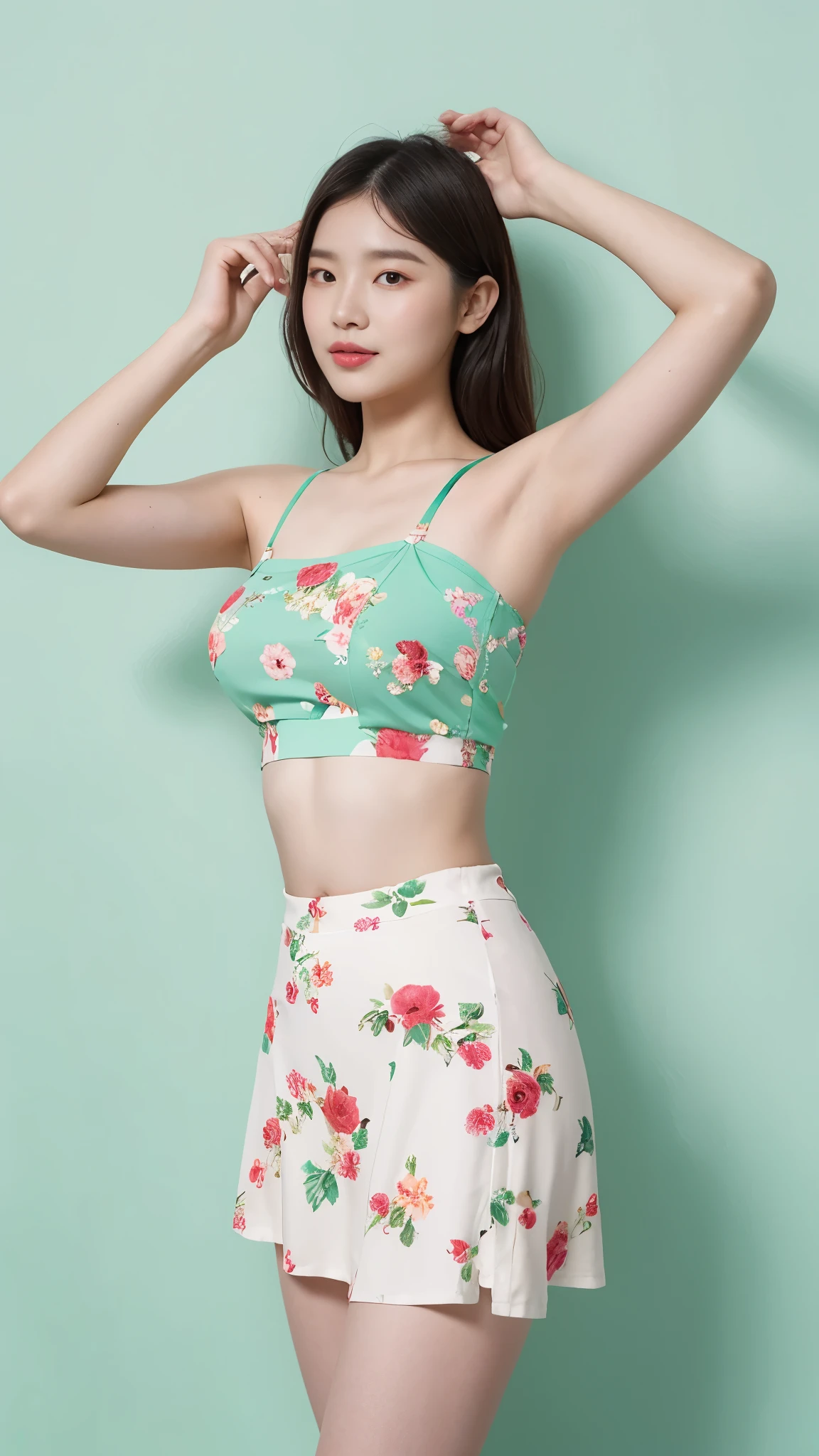a woman in a floral crop top and mint skirt posing for a picture, croptop, crop top, bralette, wearing white camisole, bae suzy, wearing a camisole, physical : tinyest midriff ever, gorgeous young korean woman, heonhwa choe, cutecore, lulu chen, reluvy5213
